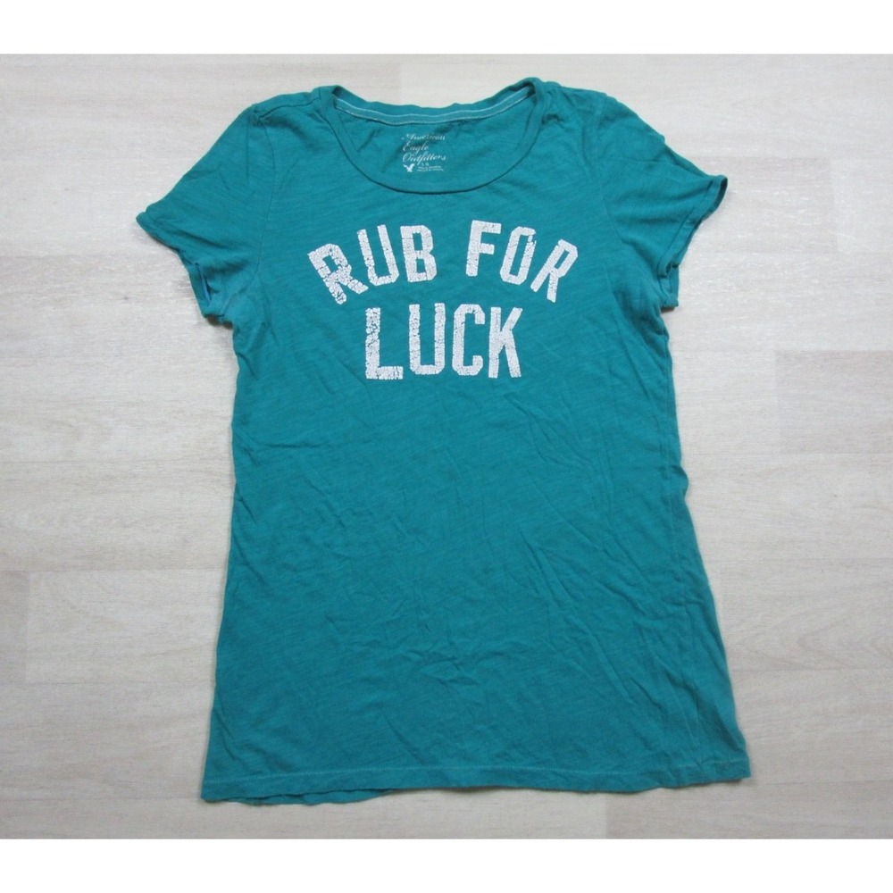 Y2K American Eagle St Patrick's Day T-Shirt Women's (L) "Rub for Luck" Teal